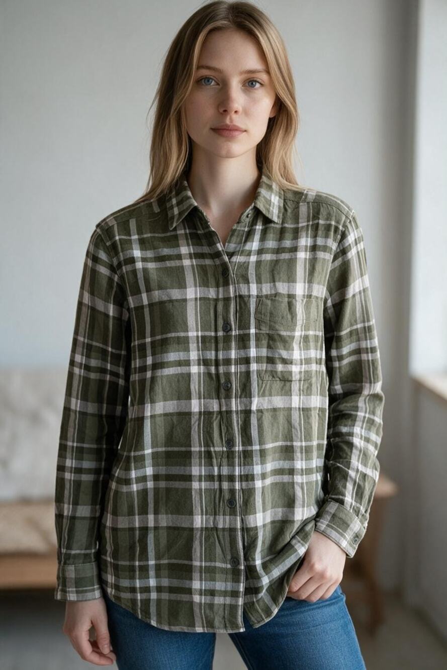 EDDIE BAUER Top Size L Green Plaid Button Down Collared Shirt